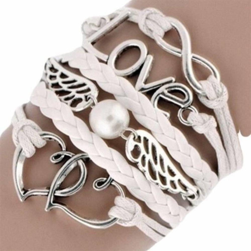 Infinity Love‎ Multilayer White Braided Bracelet With Heart Wings & Pearl Charm